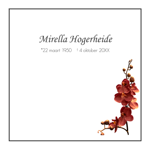 Traditionele rouwkaart oranje rode orchidee wit met rouwrand
