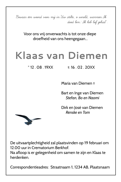 Klassieke rouwbrief met een vogel