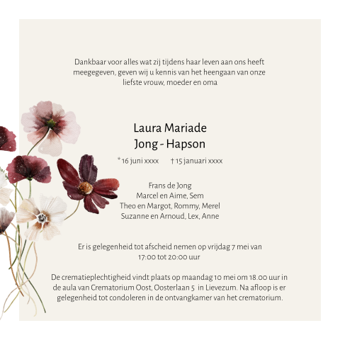 Rouwbrief met rode bloemen voor een vrouw