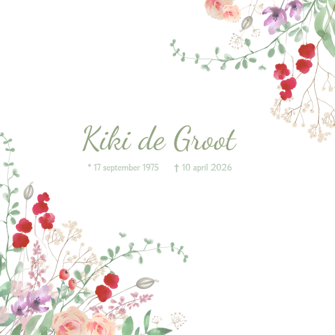 Rouwkaart met bloemen paars rood en roze en takjes