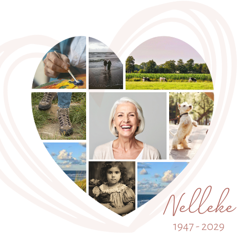 Rouwkaart vrouw foto collage hartje hobby natuur interesse