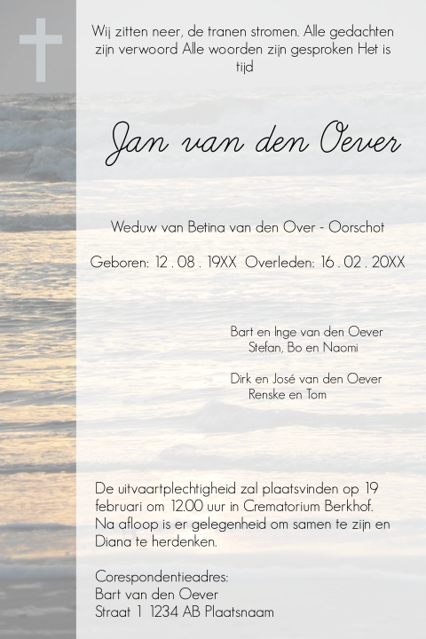 Mooie rouwbrief met de zee op de achtergrond