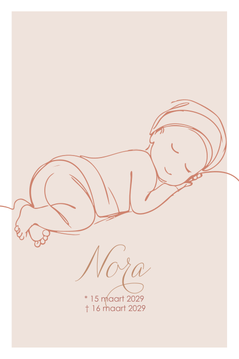 Rouwkaart voor een meisje met lijntekening van een slapende baby