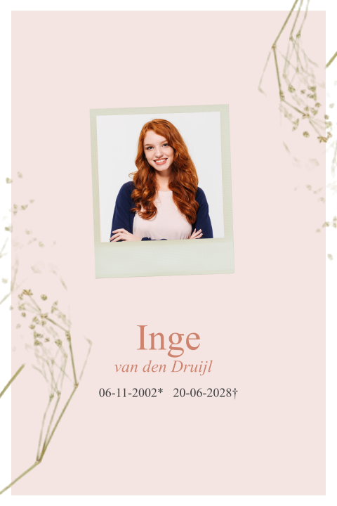 Rouwkaart voor een vrouw met foto en gipskruid