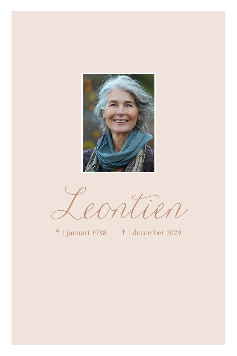 Rouwkaart voor een vrouw met moderne achtergrond kleur en foto