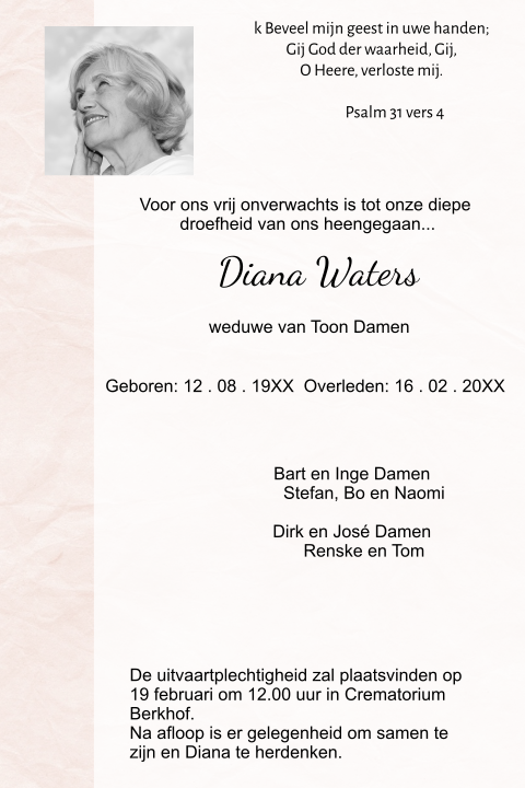 Mooie rouwbrief met roze papier en eigen foto