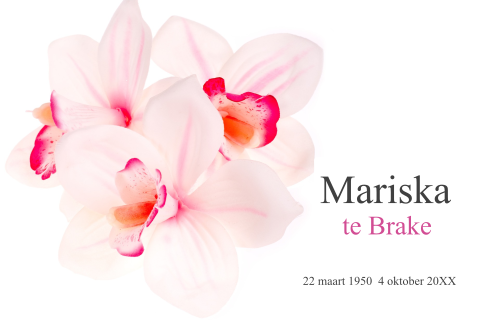 Stijlvolle warme rouwkaart vrouw met licht roze orchidee