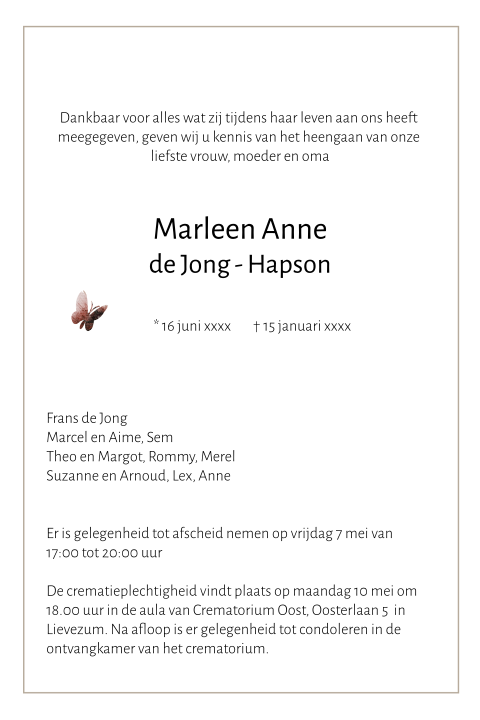 Klassieke rouwbrief vrouw met vlinder