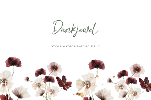 Bedankkaart voor een vrouw met droogbloemen in warm rode kleur