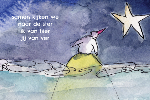 Rouwkaartje voor een kind of baby in blauw met vogeltje en ster