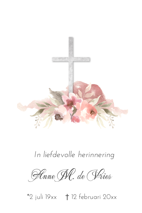 Rouwkaart staand bloemen roze en kruis
