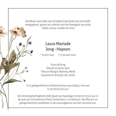 Rouwbrief in vierkant formaat met droogbloemen en kader