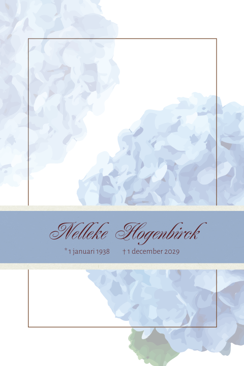 Rouwkaart met blauwe paarse hortensia in waterverf