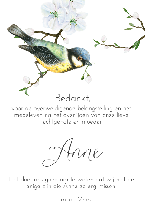 Bedankkaart na overlijden witte bloemen en koolmeesje