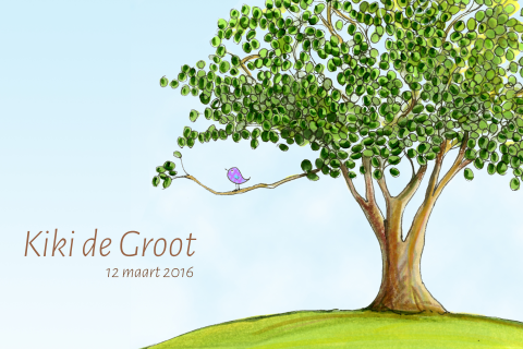 Mooi bidprentje getekende boom met vogel en blauwe lucht 