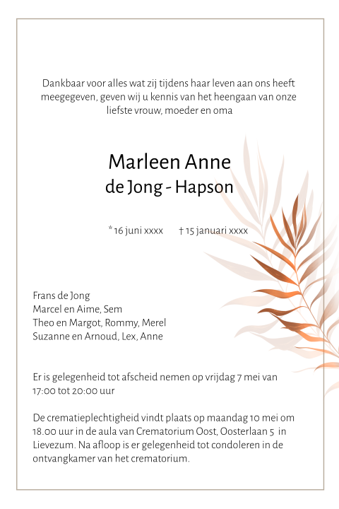 Klassieke rouwbrief vrouw met blad
