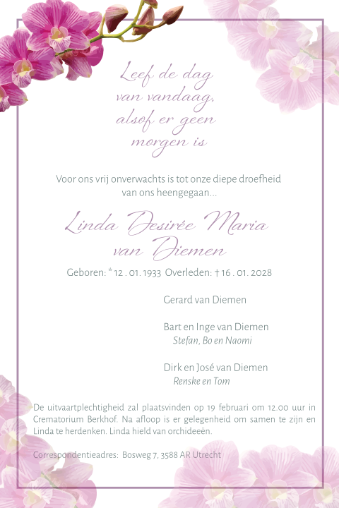 Rouwbrief met paars roze orchidee