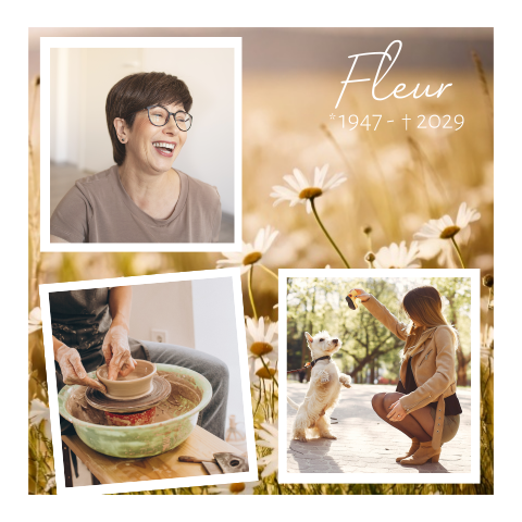 Rouwkaart voor een vrouw met foto collage en bloemen