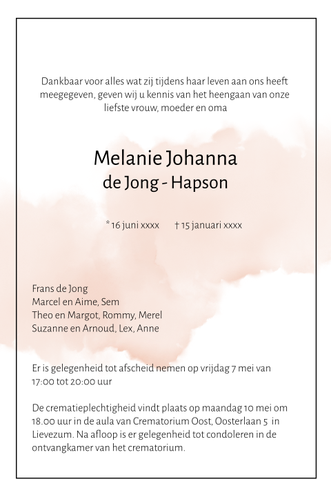 Klassieke rouwbrief vrouw met roze watercolor brush