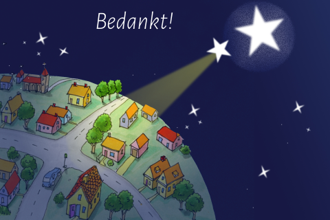 Kinderbedankkaart met mooi getekende kaart van een ster met huisjes 