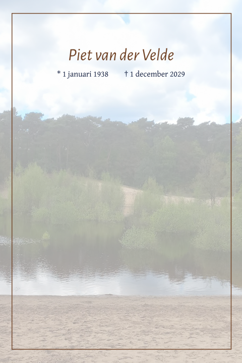Rouwkaart met een foto van een meer en bos
