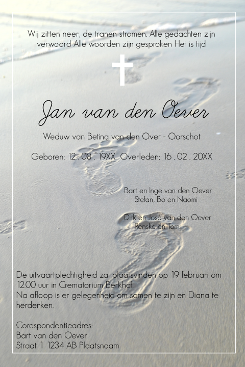 Rouwbrief met voetstappen in het zand