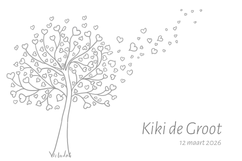 Mooi rouwkaartje overleden baby of kind getekende boom met hartjes