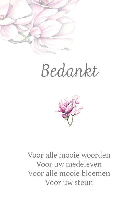 Bedankt rouwkaart na overlijden magnolia in wit met roze