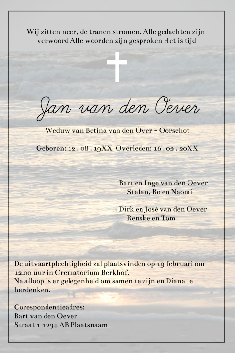 Moderne rouwbrief met de zee op de achtergrond