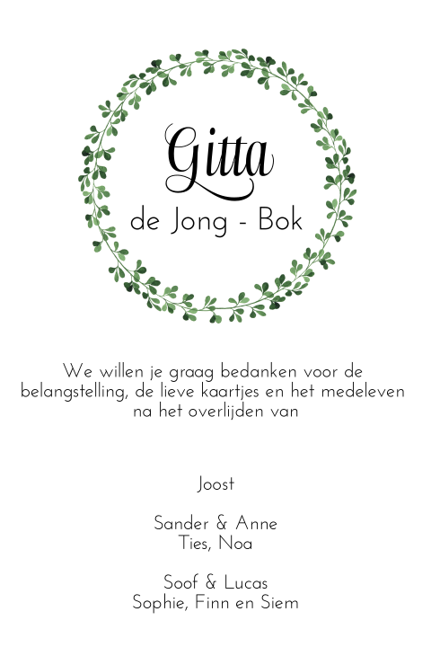 Bedankkaart met krans van bladgroen