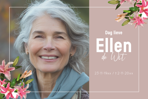 Rouwkaart vrouw eigen foto roze met lelie bloemen
