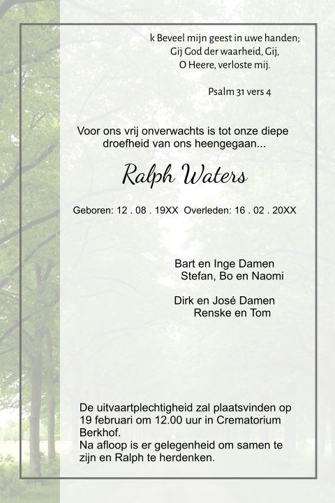 Mooie rouwbrief met rij bomen