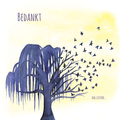 Bedankkaart met getekende boom en vliegende vogels