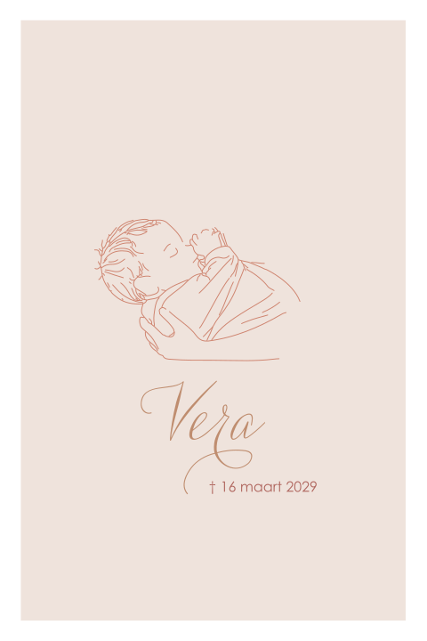 Rouwkaart voor een baby meisje met een tekening van een slapende baby