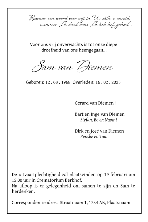 Klassieke rouwbrief met alleen tekst