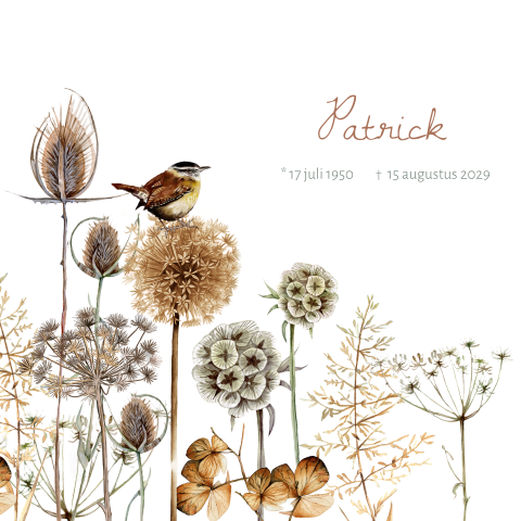 Rouwkaart met een vogeltje op droogbloemen
