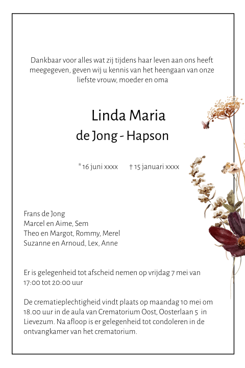 Klassieke rouwbrief vrouw met mooie bloemen