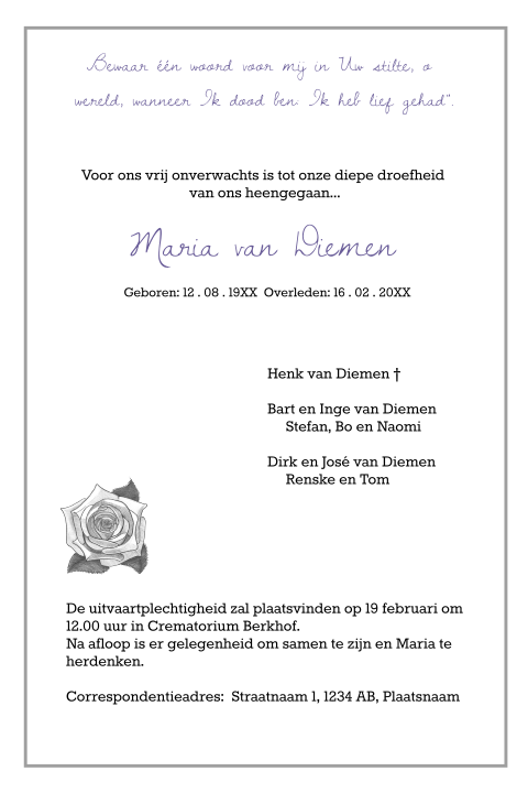 Mooie rouwbrief met roos op de achtergrond