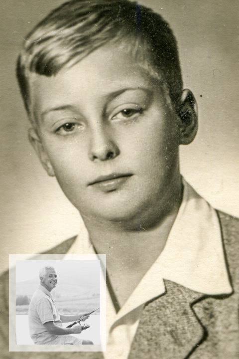 Rouwkaart met oude foto van vroeger en nu