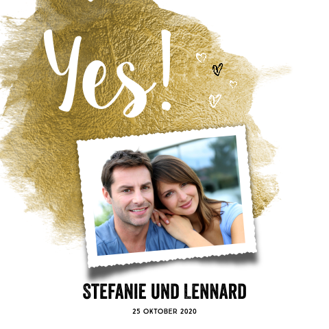 Hochzeitseinladung mit goldenem Akzent und persönlichem Foto