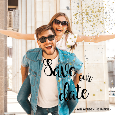 Moderne Save the Date Karte mit Ihrem Foto und goldenen Sprenklern
