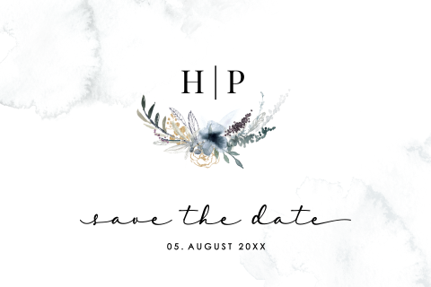 Save the Date Karte mit Blumengesteck und Initalen: "Blue Flower"