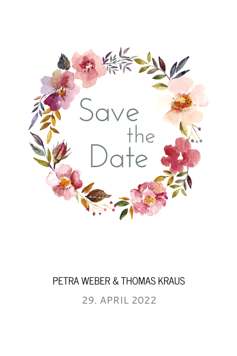 Save the Date Karte mit buntem Blumenkranz