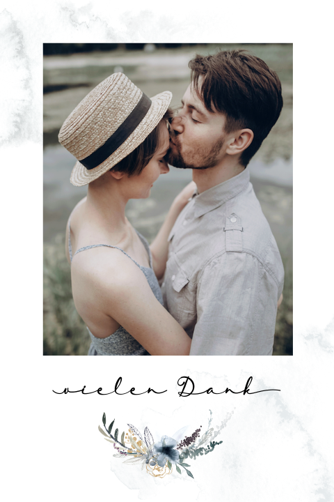 Dankeskarte mit Foto der Hochzeit und Blumengesteck: "Blue Flower"