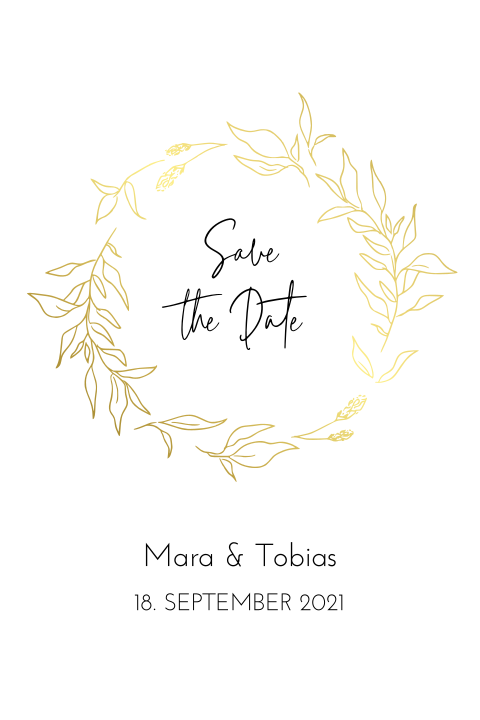 Save the Date Karte mit goldenem Kranz und Foliendruck
