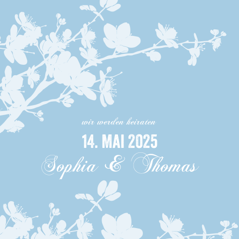 Hochzeitseinladung mit blauem Hintergrund und weißen Blüten