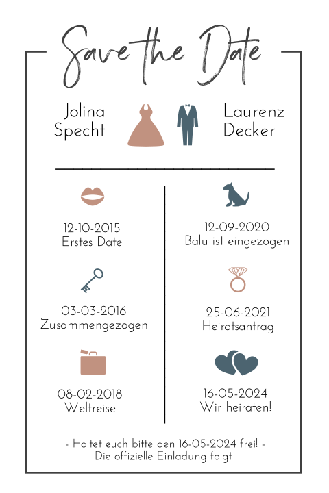 Save the Date Karte mit Meilensteinen Ihrer Liebesgeschichte