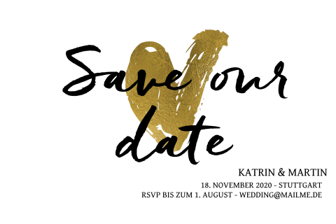 Save the Date Karte mit golenem Herzen in der Mitte