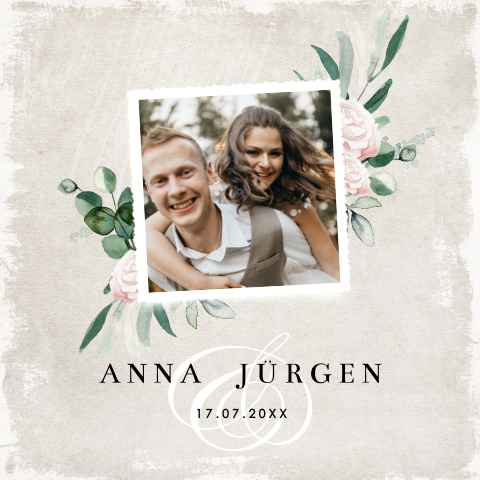 Hochzeitseinladung mit Blumengesteck und Ihrem Foto:"Vintagewedding"