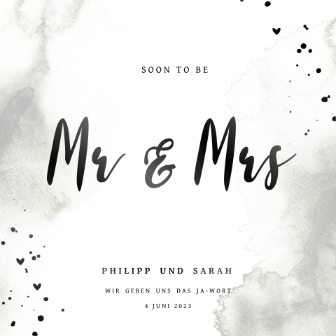 Hochzeitseinladung mit grünem Farbverlauf und Schriftzug: "Mr. & Mrs."